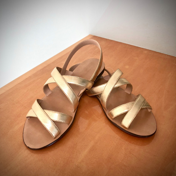 J. Crew  Cross Strap Metallic Gold Leather Sandals 8M - Picture 1 of 4